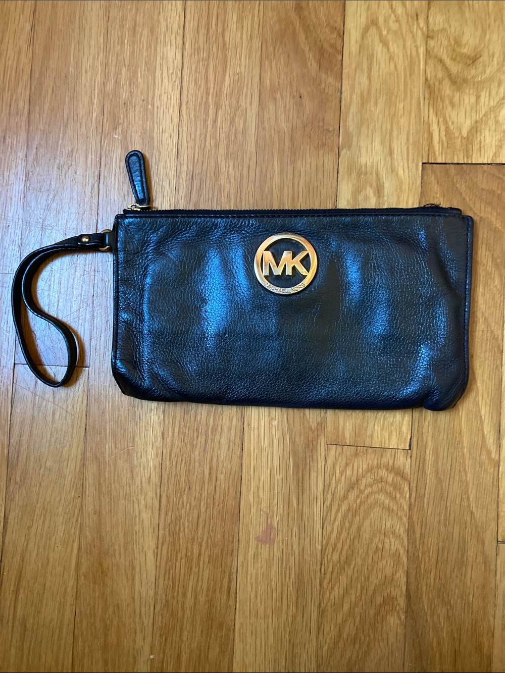 Michael Kors Black Leather Wristlet with Gold MK Emblem